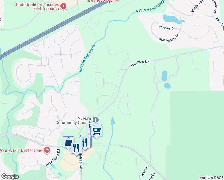map of restaurants, bars, coffee shops, grocery stores, and more near 2351 Hamilton Road in Auburn
