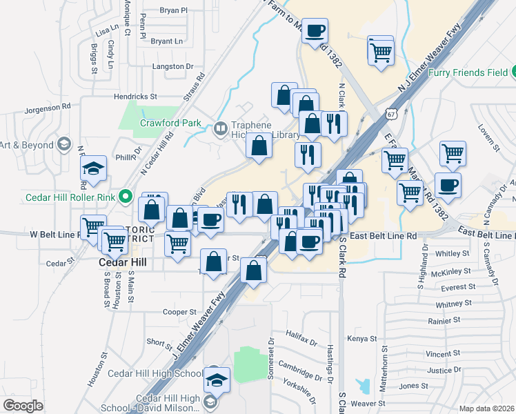map of restaurants, bars, coffee shops, grocery stores, and more near 217 Cedar Bend Drive in Cedar Hill