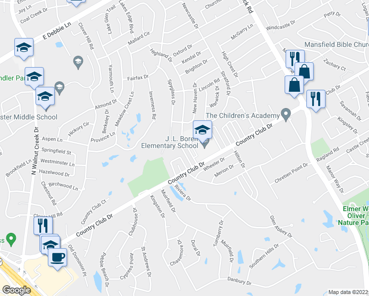 map of restaurants, bars, coffee shops, grocery stores, and more near 1125 Highland Drive in Mansfield