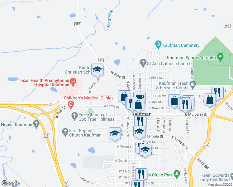 map of restaurants, bars, coffee shops, grocery stores, and more near 500 West Hickory Street in Kaufman