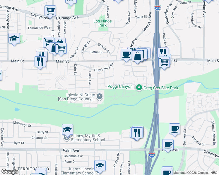 map of restaurants, bars, coffee shops, grocery stores, and more near 230 Rancho Drive in Chula Vista