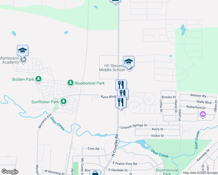 map of restaurants, bars, coffee shops, grocery stores, and more near 903 North Crowley Road in Crowley