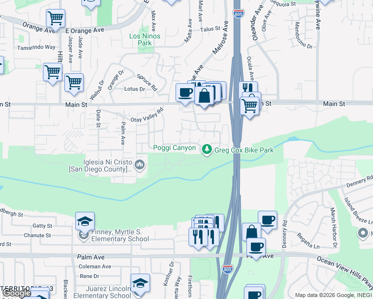 map of restaurants, bars, coffee shops, grocery stores, and more near 262 Rancho Drive in Chula Vista