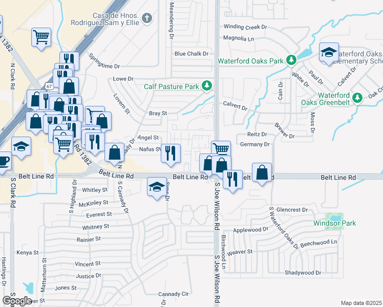 map of restaurants, bars, coffee shops, grocery stores, and more near 211 North Joe Wilson Road in Cedar Hill