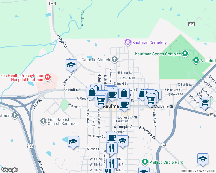 map of restaurants, bars, coffee shops, grocery stores, and more near 500 North Washington Street in Kaufman