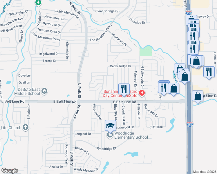 map of restaurants, bars, coffee shops, grocery stores, and more near 125 Idle Creek Lane in DeSoto
