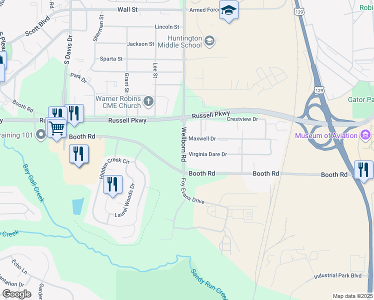 map of restaurants, bars, coffee shops, grocery stores, and more near 104 Maxwell Drive in Warner Robins