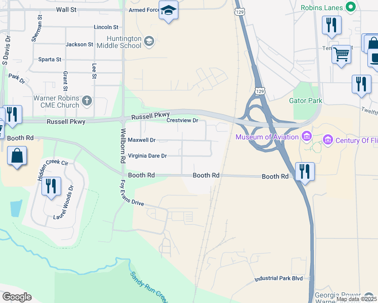 map of restaurants, bars, coffee shops, grocery stores, and more near 200 Maxwell Drive in Warner Robins