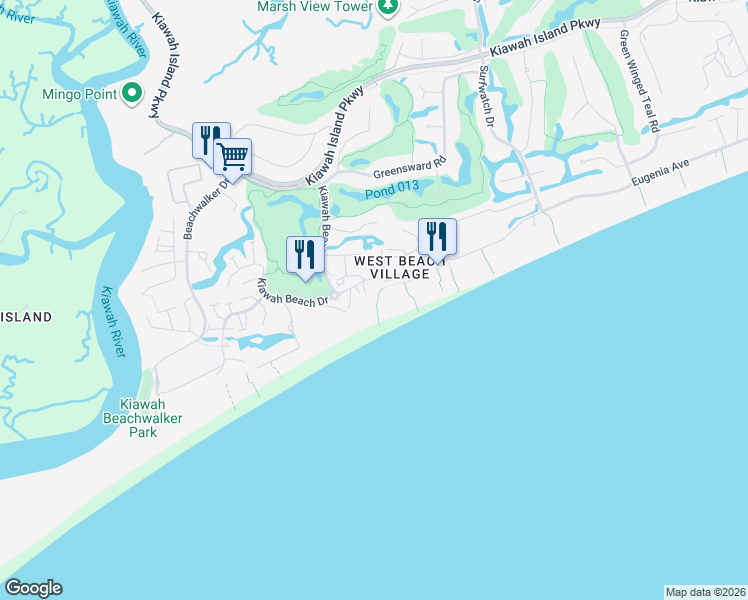 map of restaurants, bars, coffee shops, grocery stores, and more near 2475 Shipwatch Road in Kiawah Island