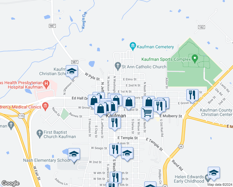 map of restaurants, bars, coffee shops, grocery stores, and more near 500 North Washington Street in Kaufman