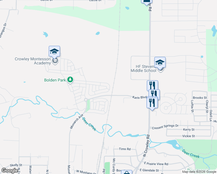 map of restaurants, bars, coffee shops, grocery stores, and more near 909 North Crowley Road in Crowley