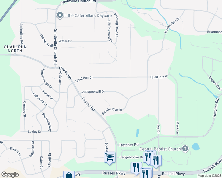 map of restaurants, bars, coffee shops, grocery stores, and more near 123 Whippoorwill Drive in Warner Robins
