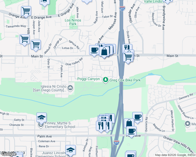 map of restaurants, bars, coffee shops, grocery stores, and more near 262 Rancho Drive in Chula Vista