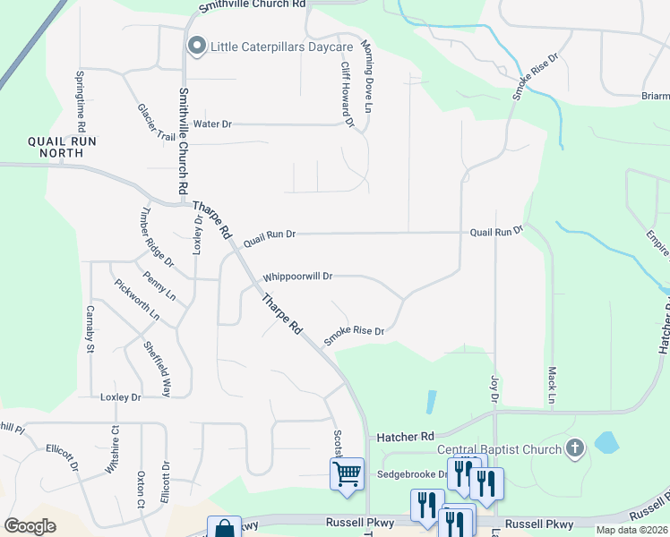 map of restaurants, bars, coffee shops, grocery stores, and more near 123 Whippoorwill Drive in Warner Robins