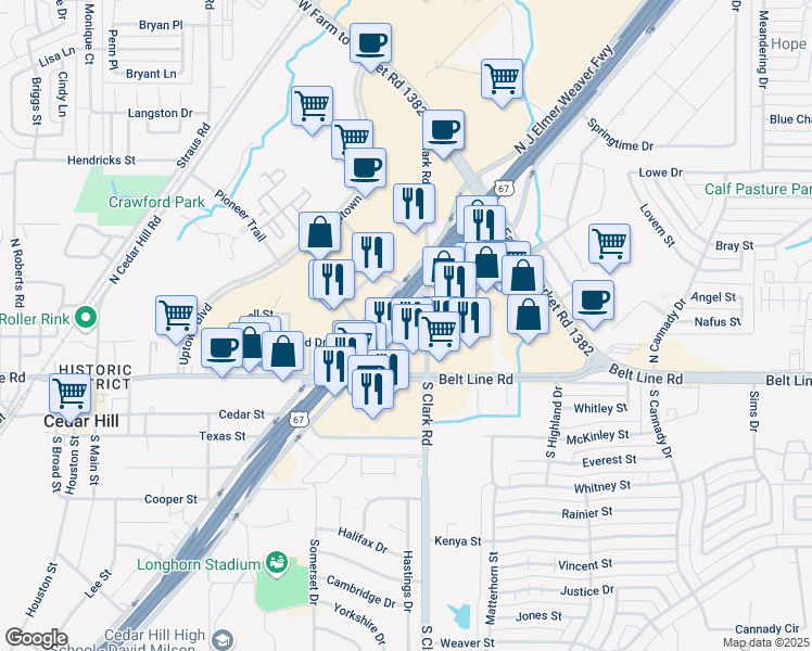 map of restaurants, bars, coffee shops, grocery stores, and more near 150 North Highway 67 in Cedar Hill