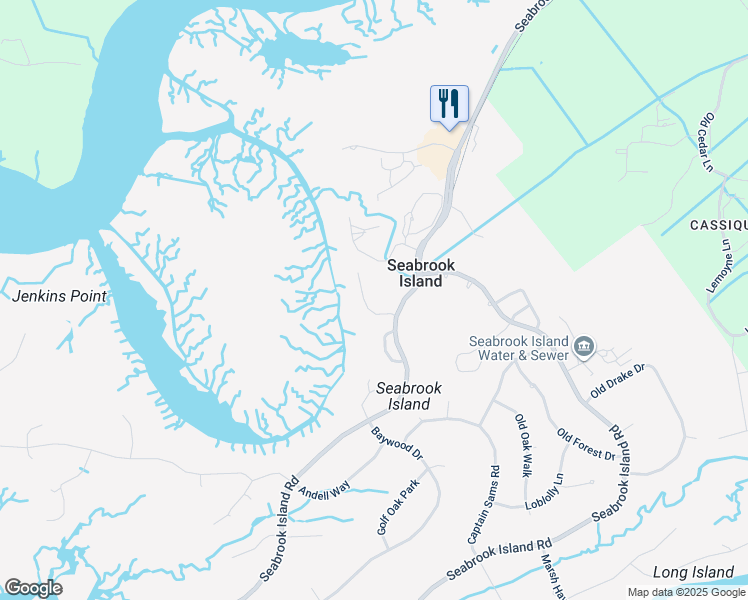 map of restaurants, bars, coffee shops, grocery stores, and more near 1629 Live Oak Park in Seabrook Island