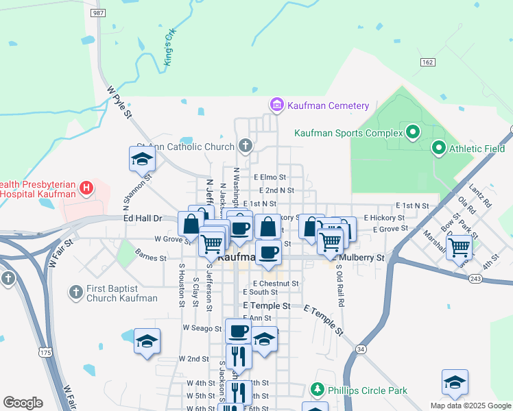 map of restaurants, bars, coffee shops, grocery stores, and more near 503 North Monroe Street in Kaufman