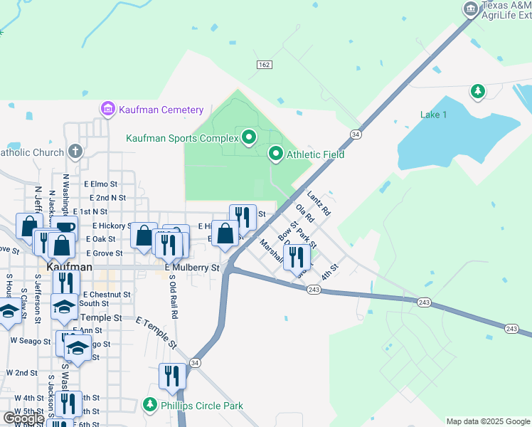 map of restaurants, bars, coffee shops, grocery stores, and more near 1509 East 1st North Street in Kaufman