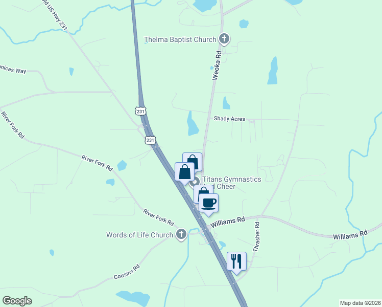 map of restaurants, bars, coffee shops, grocery stores, and more near 33-99 Bamboo Drive in Wetumpka