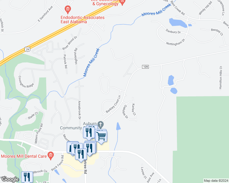 map of restaurants, bars, coffee shops, grocery stores, and more near 2351 Hamilton Road in Auburn