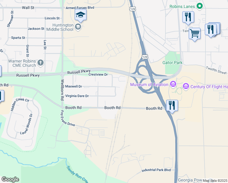 map of restaurants, bars, coffee shops, grocery stores, and more near 210 Maxwell Drive in Warner Robins