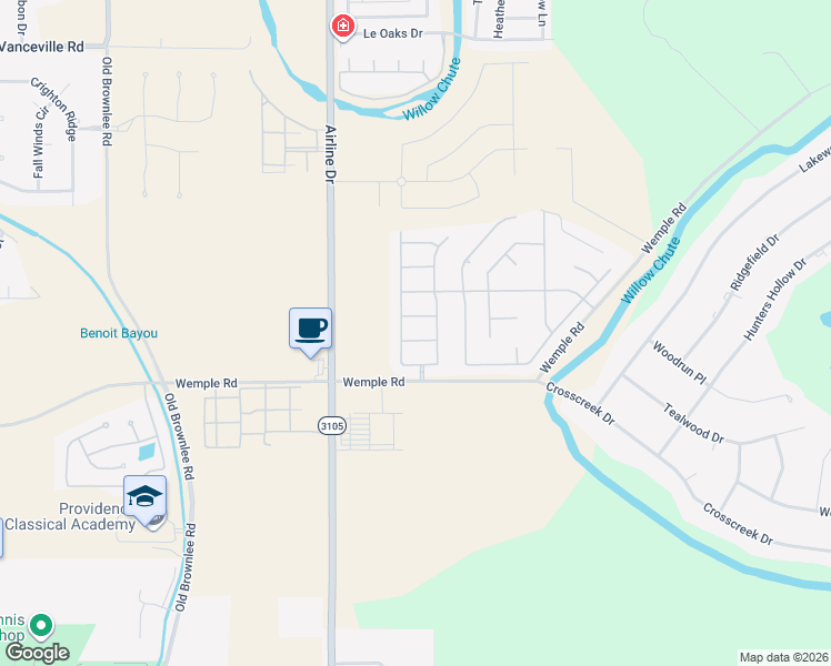 map of restaurants, bars, coffee shops, grocery stores, and more near 3005 Gabriel Oaks Drive in Bossier City