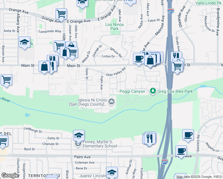 map of restaurants, bars, coffee shops, grocery stores, and more near 1754 Rios Avenue in Chula Vista