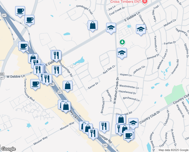 map of restaurants, bars, coffee shops, grocery stores, and more near 819 Red Oak Drive in Mansfield