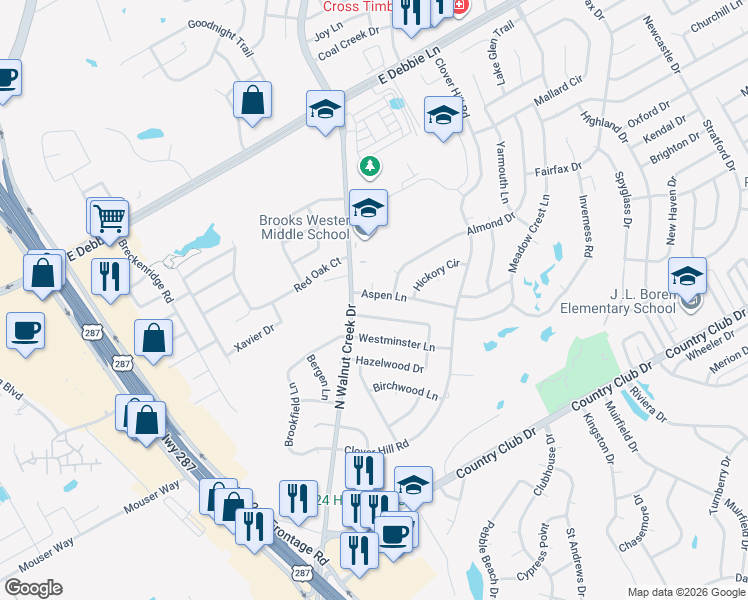 map of restaurants, bars, coffee shops, grocery stores, and more near 1006 Aspen Lane in Mansfield