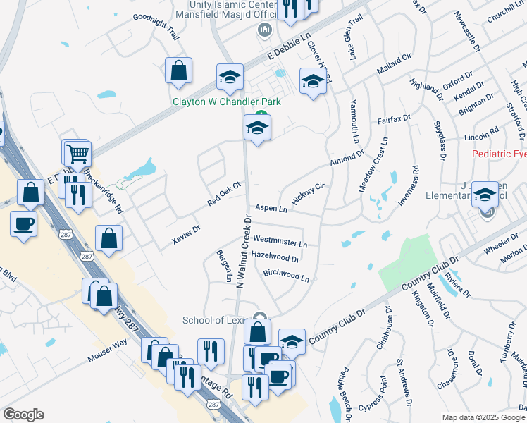 map of restaurants, bars, coffee shops, grocery stores, and more near 1006 Aspen Lane in Mansfield