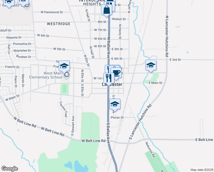 map of restaurants, bars, coffee shops, grocery stores, and more near 200 West Main Street in Lancaster