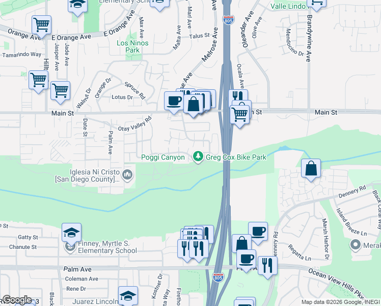 map of restaurants, bars, coffee shops, grocery stores, and more near 273 Rancho Drive in Chula Vista