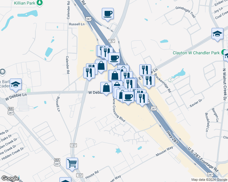 map of restaurants, bars, coffee shops, grocery stores, and more near 1891 Towne Crossing Boulevard in Mansfield