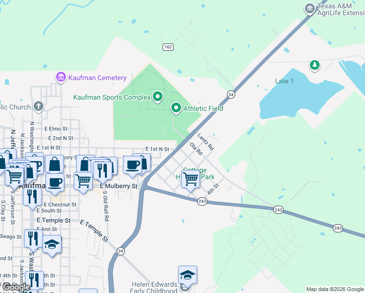 map of restaurants, bars, coffee shops, grocery stores, and more near 1508 Park Street in Kaufman