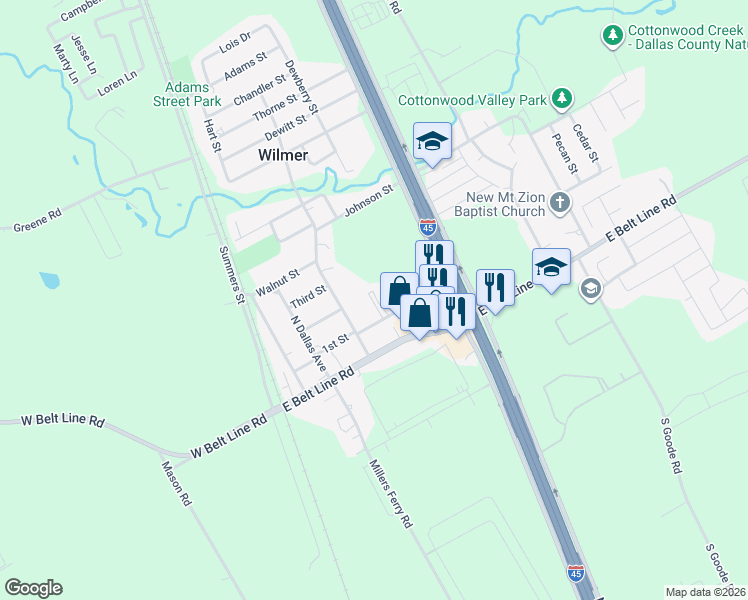 map of restaurants, bars, coffee shops, grocery stores, and more near 301 1st Street in Wilmer