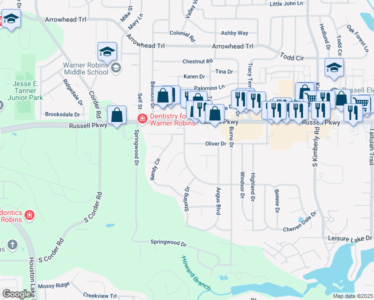 map of restaurants, bars, coffee shops, grocery stores, and more near 209 Rusty Road in Warner Robins