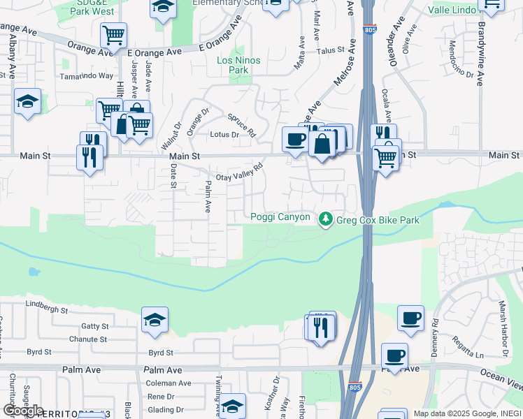 map of restaurants, bars, coffee shops, grocery stores, and more near 237 Rancho Drive in Chula Vista