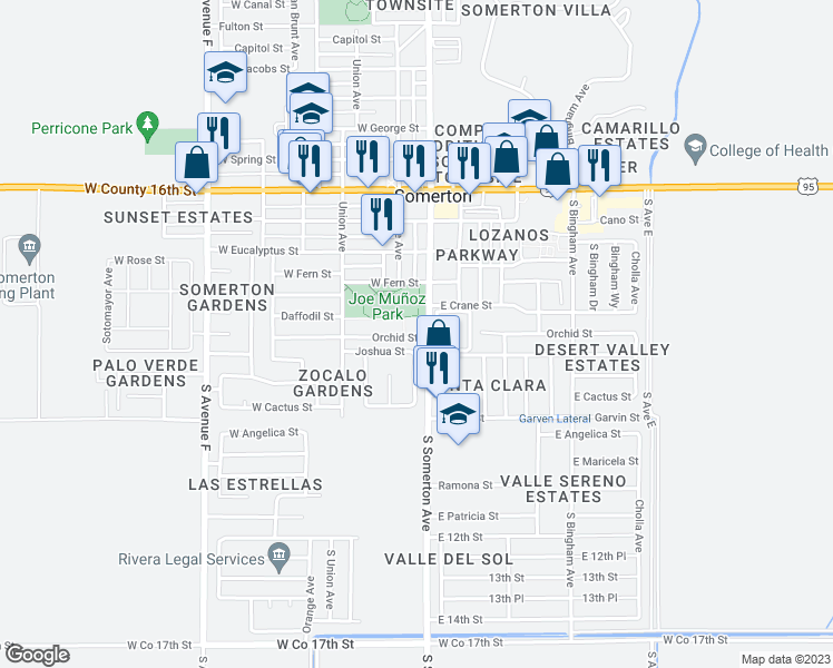 map of restaurants, bars, coffee shops, grocery stores, and more near 300 Orchid Street in Somerton