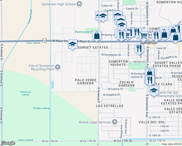 map of restaurants, bars, coffee shops, grocery stores, and more near 1044 West Yucca Street in Somerton