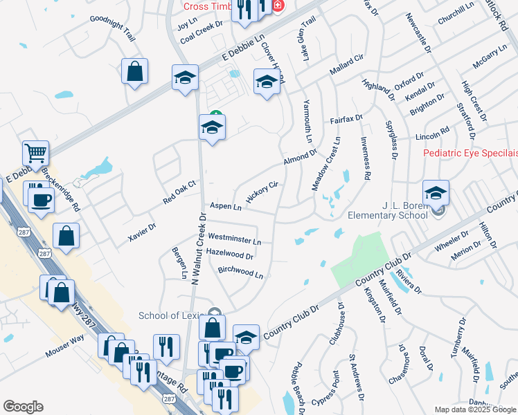 map of restaurants, bars, coffee shops, grocery stores, and more near 1027 Aspen Lane in Mansfield