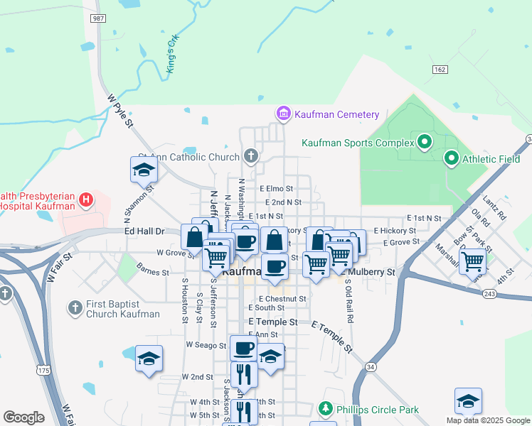 map of restaurants, bars, coffee shops, grocery stores, and more near 503 North Monroe Street in Kaufman