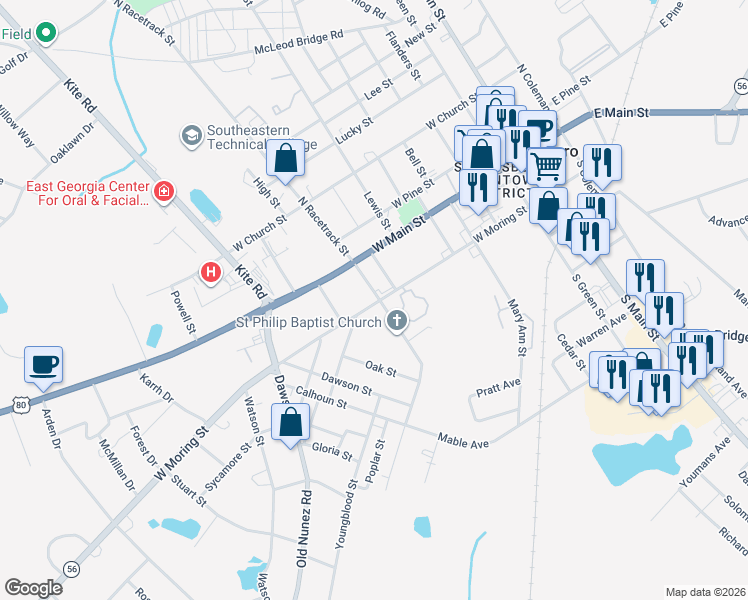 map of restaurants, bars, coffee shops, grocery stores, and more near 502 West Moring Street in Swainsboro