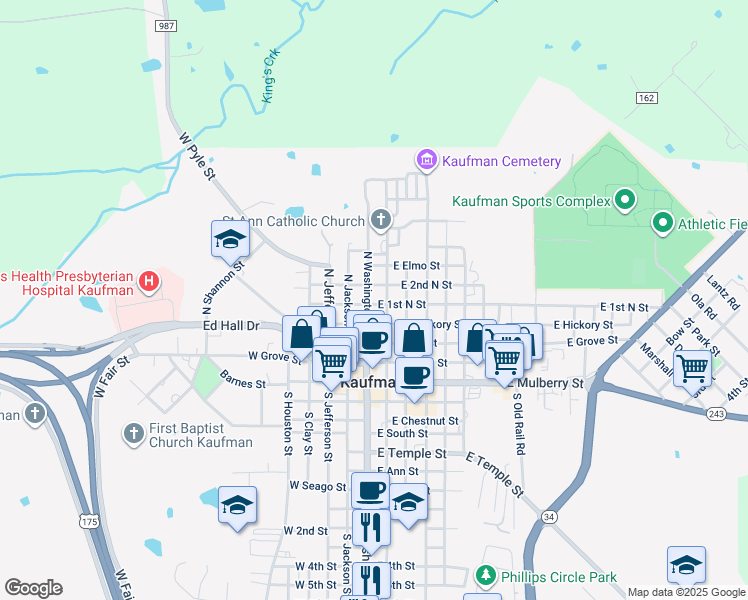 map of restaurants, bars, coffee shops, grocery stores, and more near 500 North Washington Street in Kaufman