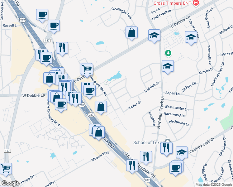 map of restaurants, bars, coffee shops, grocery stores, and more near 802 Auburndale Drive in Mansfield