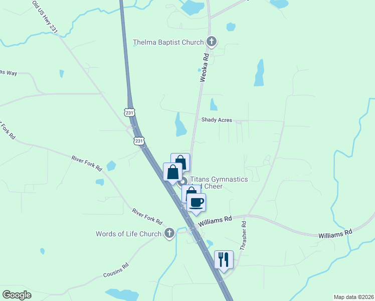 map of restaurants, bars, coffee shops, grocery stores, and more near 33 Bamboo Drive in Wetumpka