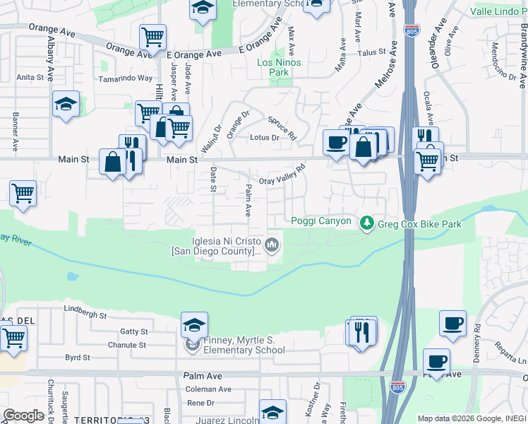 map of restaurants, bars, coffee shops, grocery stores, and more near 1754 Rios Avenue in Chula Vista