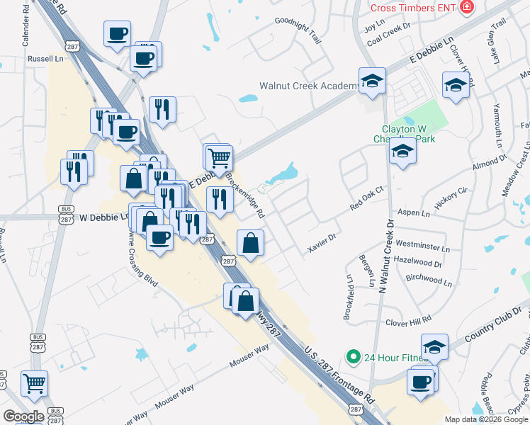 map of restaurants, bars, coffee shops, grocery stores, and more near 1422 Breckenridge Road in Mansfield