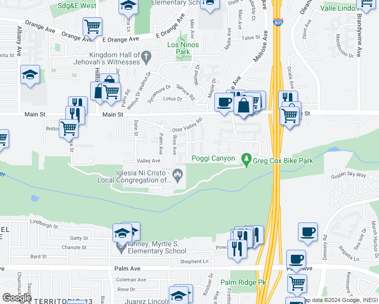 map of restaurants, bars, coffee shops, grocery stores, and more near 1749 Regency Way in Chula Vista