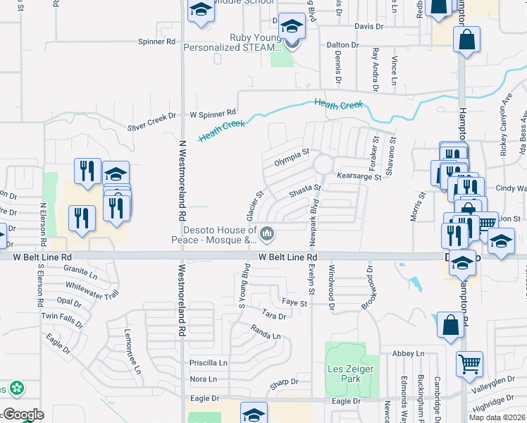 map of restaurants, bars, coffee shops, grocery stores, and more near 605 Shasta Street in DeSoto