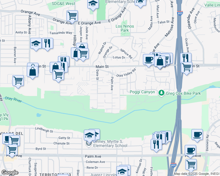 map of restaurants, bars, coffee shops, grocery stores, and more near 256 Palm Avenue in Chula Vista